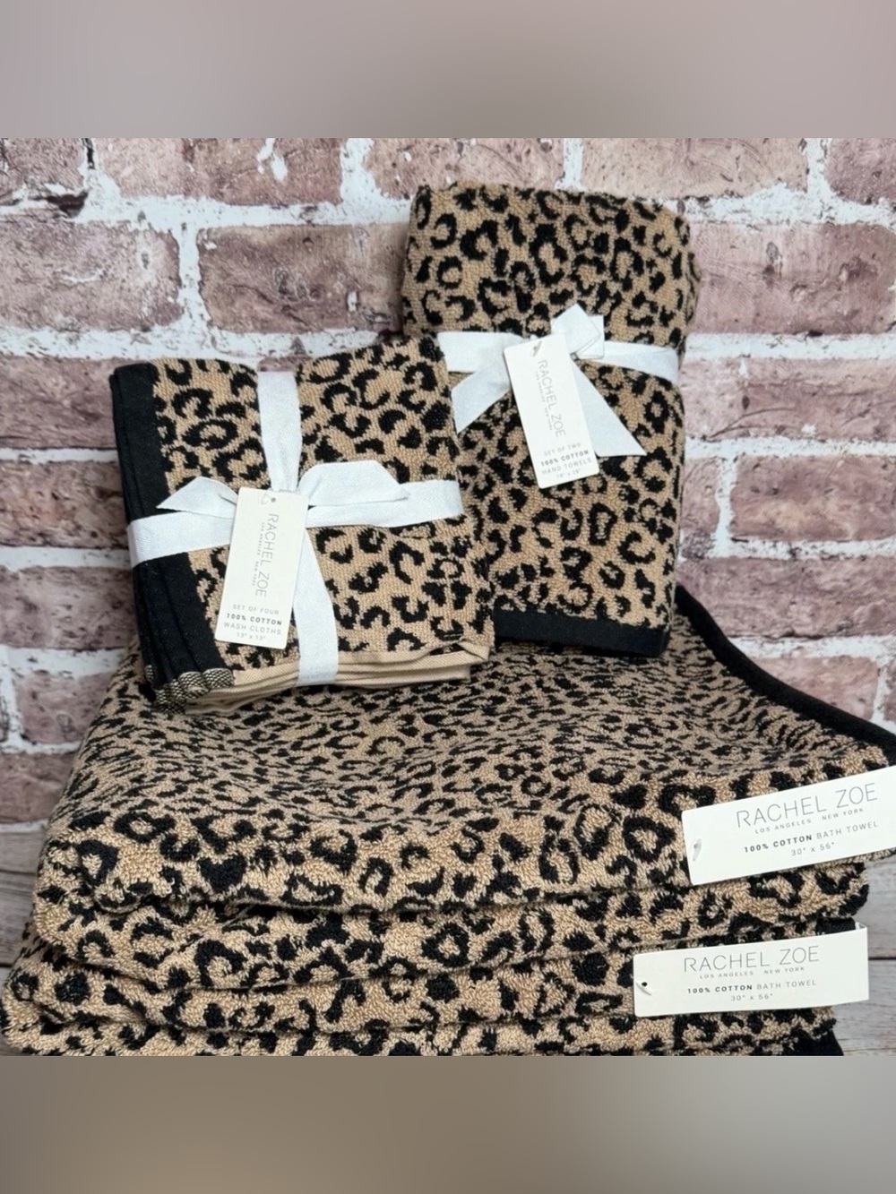 Rachel Zoe 100% Cotton cheetah print bath towel bundle bath, hand, washcloth NEW